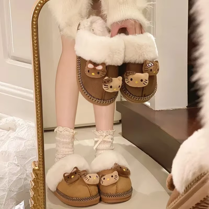Winter Sanrio Hello Kitty Plush Slippers Cute Cartoon Fuzzy Warm Comfy Women Home Shoe Kawaii Y2K Outdoor Antiskid Flat Slippers
