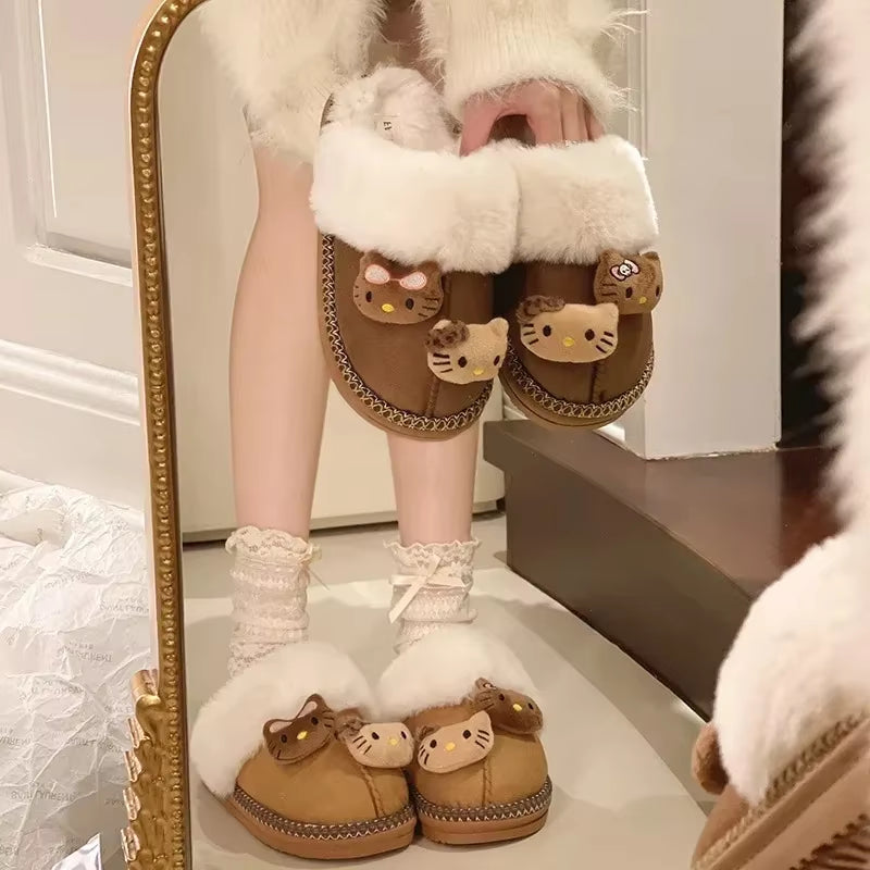 Winter Sanrio Hello Kitty Plush Slippers Cute Cartoon Fuzzy Warm Comfy Women Home Shoe Kawaii Y2K Outdoor Antiskid Flat Slippers