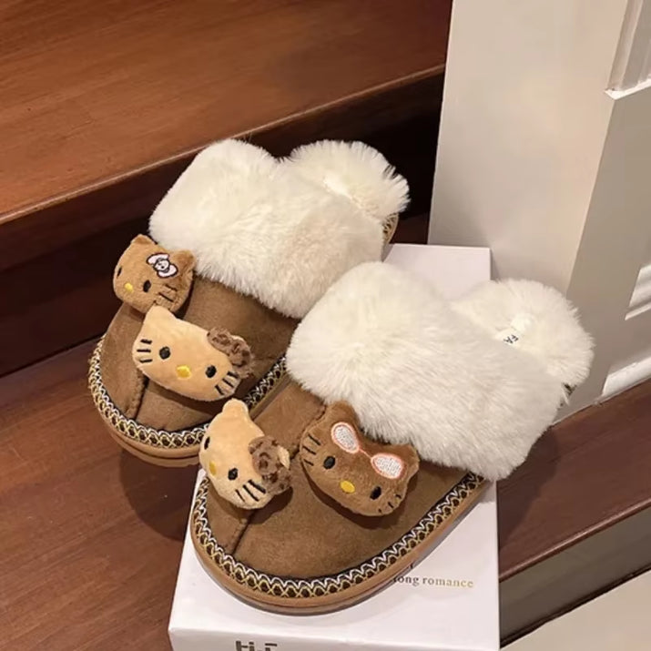 Winter Sanrio Hello Kitty Plush Slippers Cute Cartoon Fuzzy Warm Comfy Women Home Shoe Kawaii Y2K Outdoor Antiskid Flat Slippers